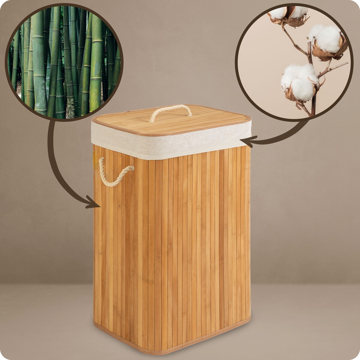 Massido, bambusowy kosz na pranie z pokrywą 72l, naturalny beżowy 61x42x32 cm