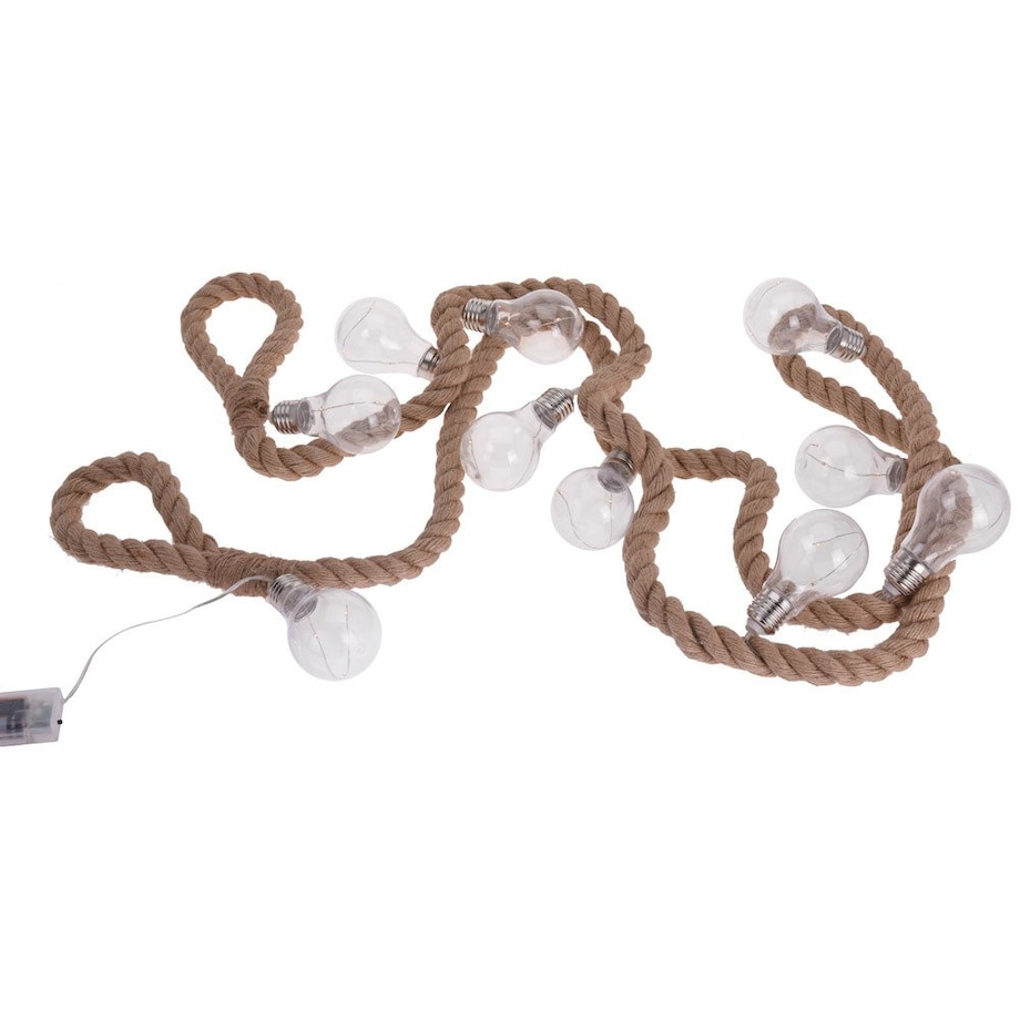 Łańcuch świetlny LED z motywem żarówek na jutowym sznurku - 10 żarówek