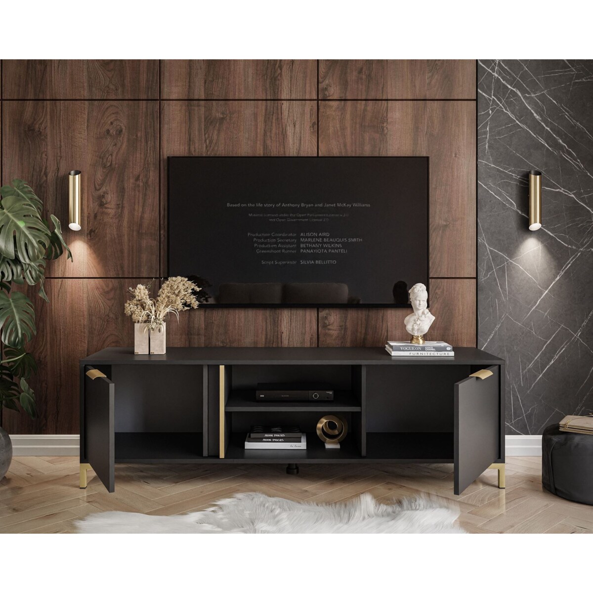 Szafka RTV LARETTO 153 cm antracyt, czarna, nóżki złote