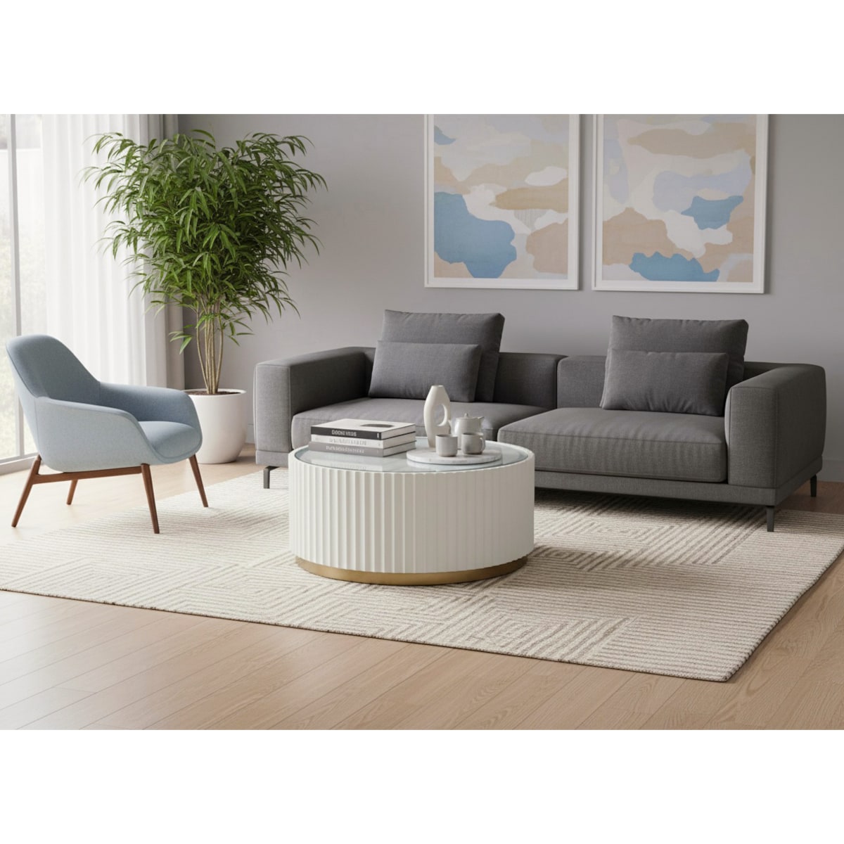 Stolik kawowy ryflowany biały okrągły złoty z szybą Livino Glamour Premium 90x90x50