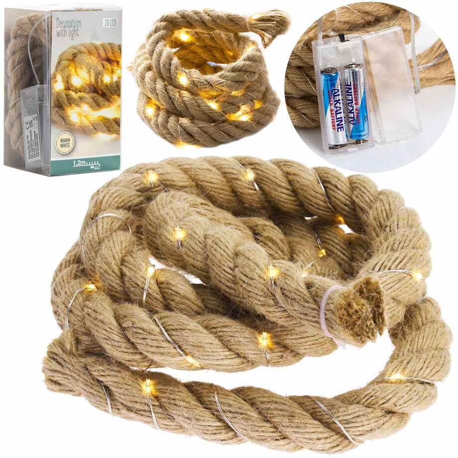 Lampki Led Sznur Parciany Jutowy 120Cm 20 Led Deko