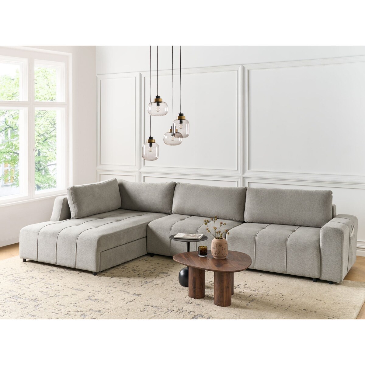 Narożnik rozkładany prawostronny 4-osobowy z pojemnikiem jasnoszary INNVIK