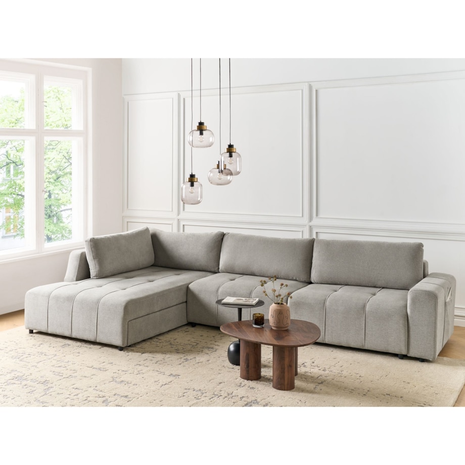 Narożnik rozkładany prawostronny 4-osobowy z pojemnikiem jasnoszary INNVIK