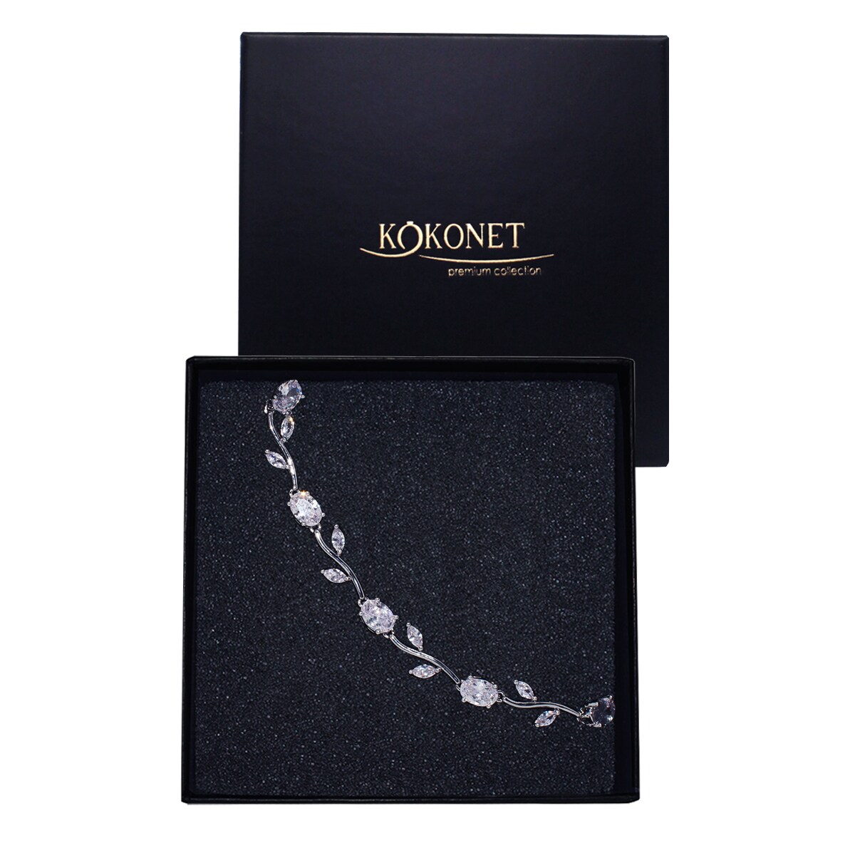 Delikatna srebrna bransoletka ślubna z cyrkoniami listkami BOHO rustykalna