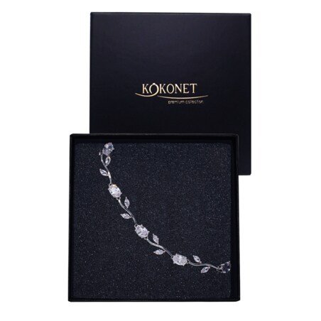 Delikatna srebrna bransoletka ślubna z cyrkoniami listkami BOHO rustykalna