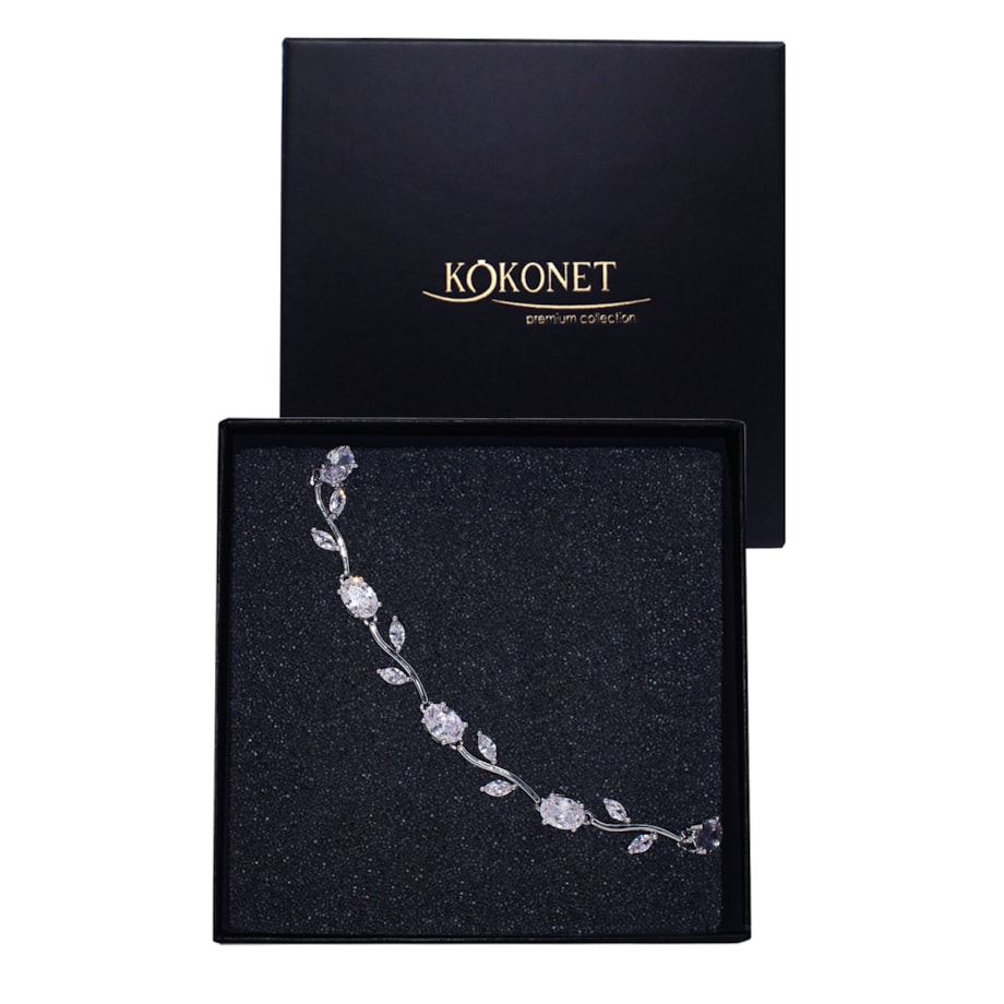 Delikatna srebrna bransoletka ślubna z cyrkoniami listkami BOHO rustykalna