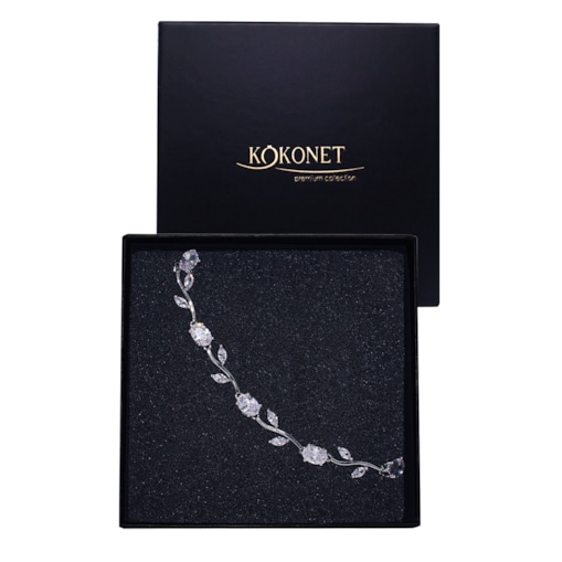 Delikatna srebrna bransoletka ślubna z cyrkoniami listkami BOHO rustykalna