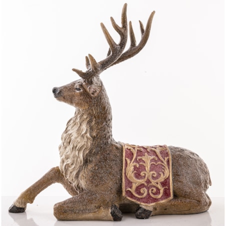 Figurka - leżący jeleń 29x29x13 cm OLEN z czerwono-złotą derką