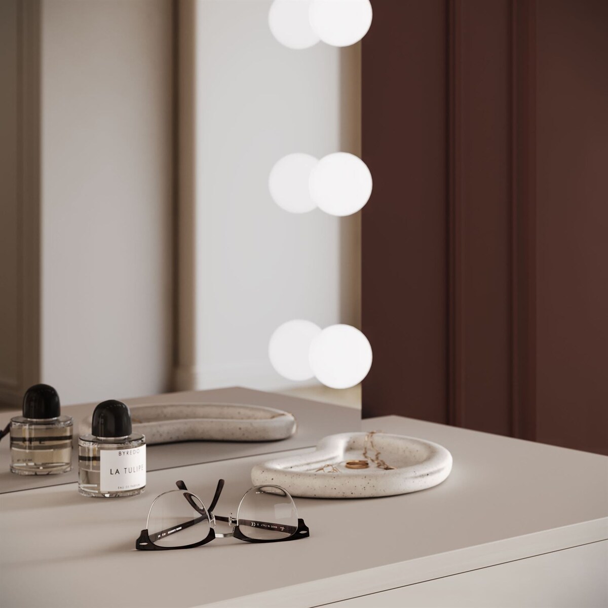 Toaletka kosmetyczna BLANCO KASZMIR ELITE z lustrem i oświetleniem na kaszmirowym stelażu, push-to-open