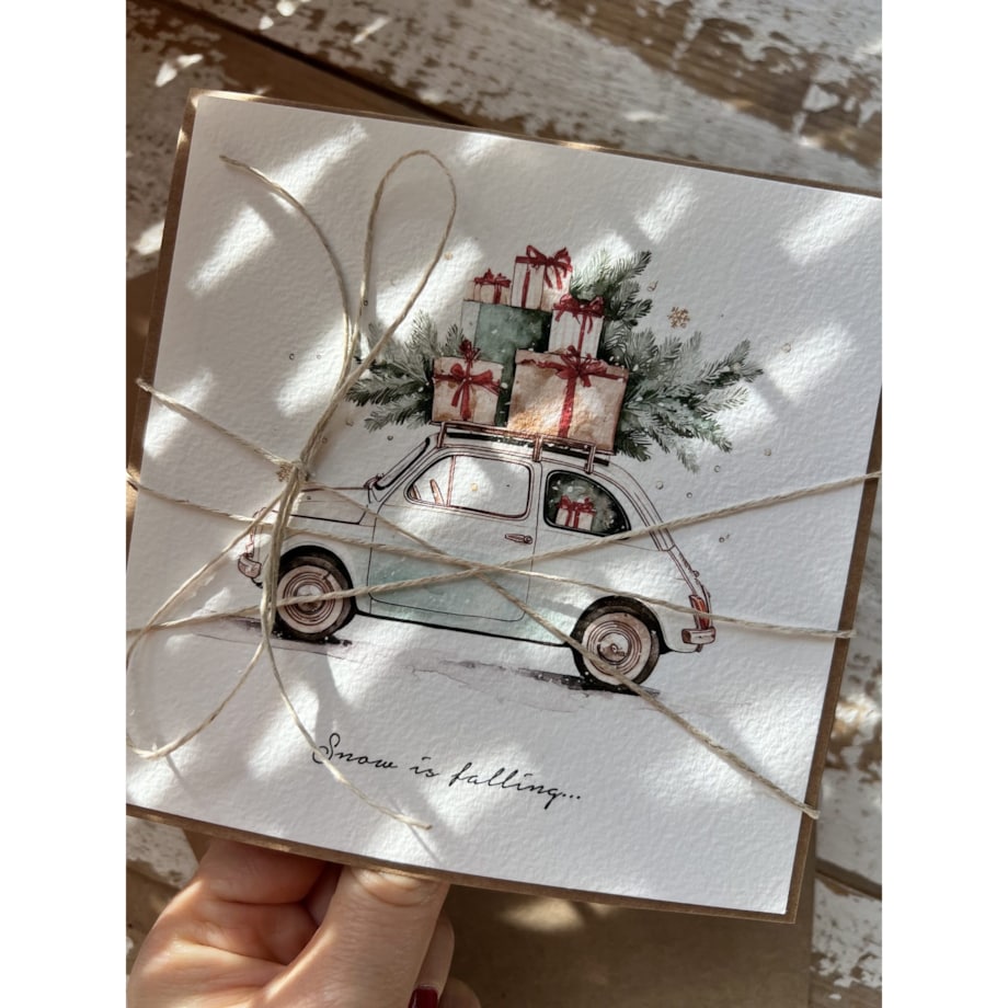 Kartka świąteczna ręcznie robiona na Boże Narodzenie - Mikołaj - na życzenia świąteczne od serca - snow is falling