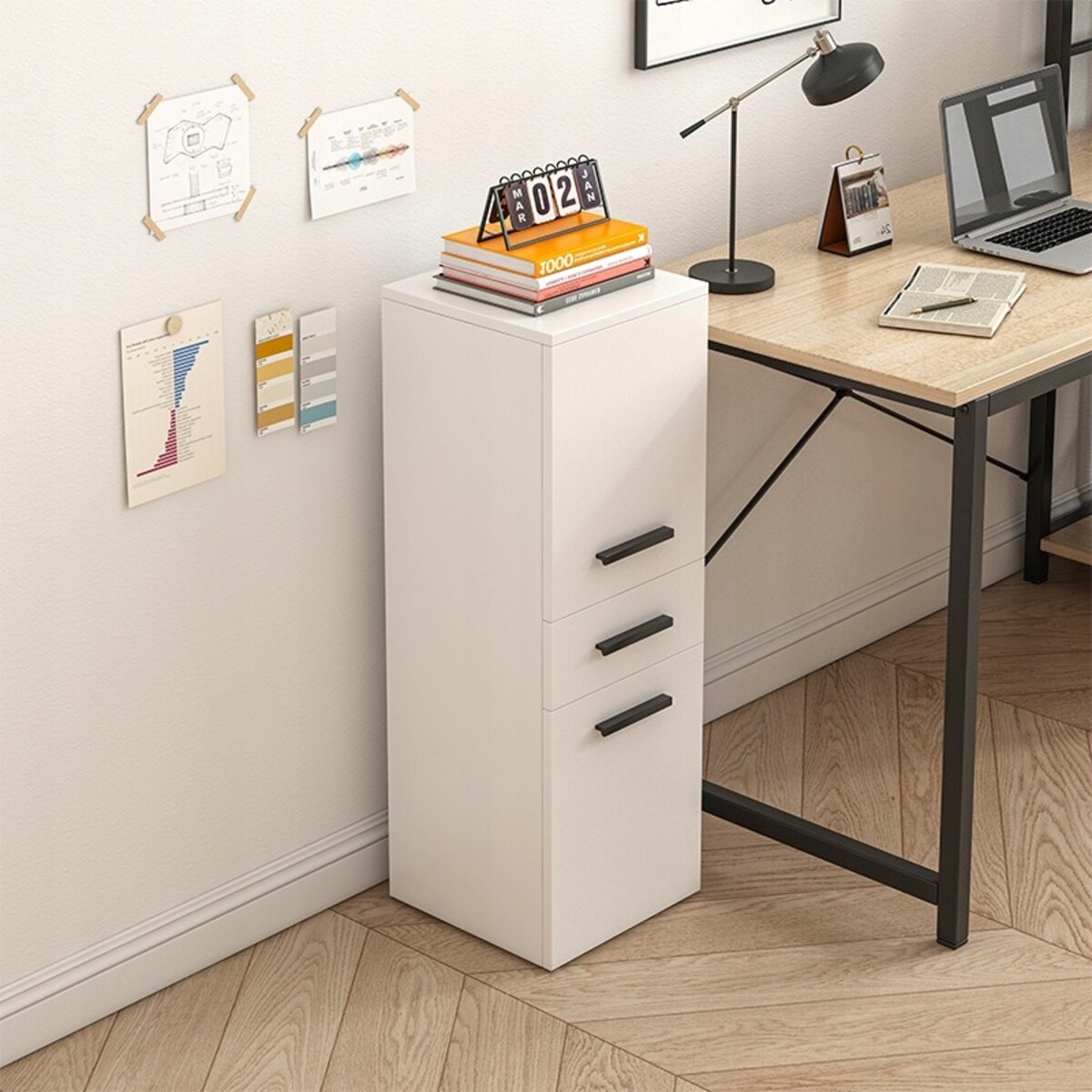 Regał biurowy z szufladą 2 półki szafka biała książki segregatory loft 85cm