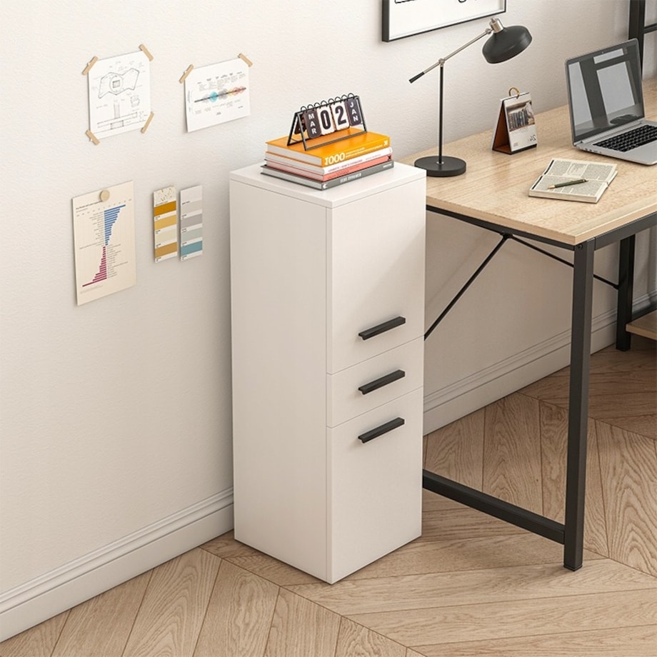 Regał biurowy z szufladą 2 półki szafka biała książki segregatory loft 85cm