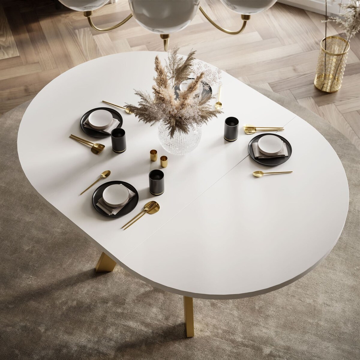 Okrągły stół rozkładany VOLTA MATT, nogi złoty, blat biały