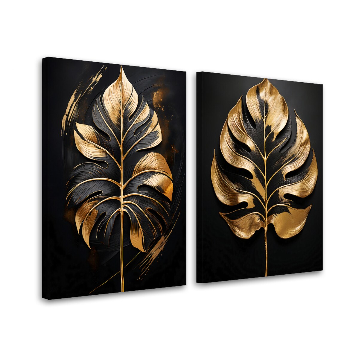 Zestaw 2 obrazy do salonu sypialni biura spa pokoju Monstera Złote Liście Glamour 140x100 (2x70x100)