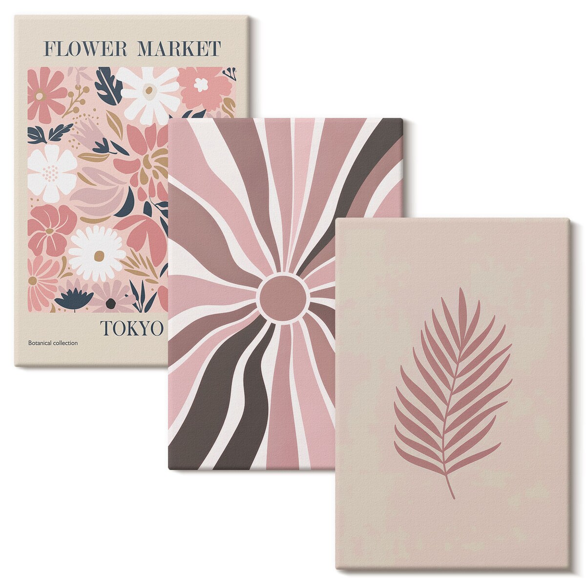 Zestaw 3 małych obrazów na płótnie - Kwiatowe wzory liści i geometria - różowy