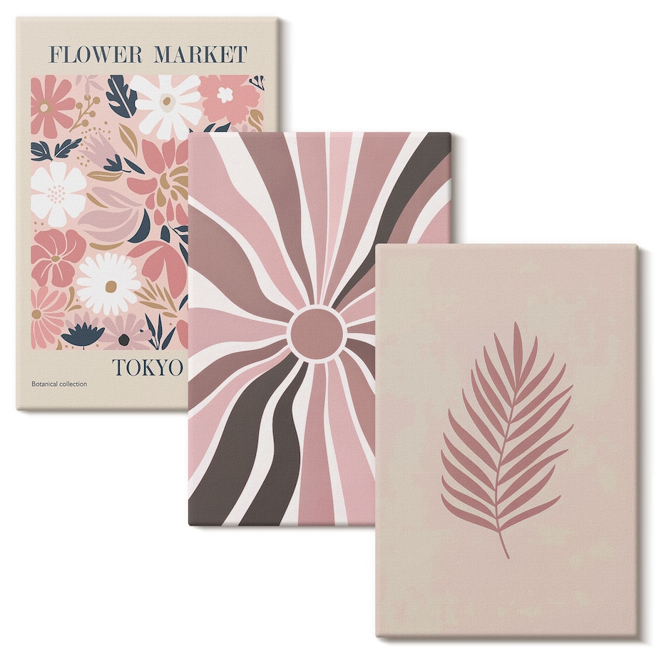 Zestaw 3 małych obrazów na płótnie - Kwiatowe wzory liści i geometria - różowy