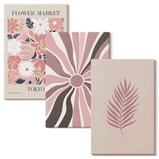 Zestaw 3 małych obrazów na płótnie - Kwiatowe wzory liści i geometria - różowy