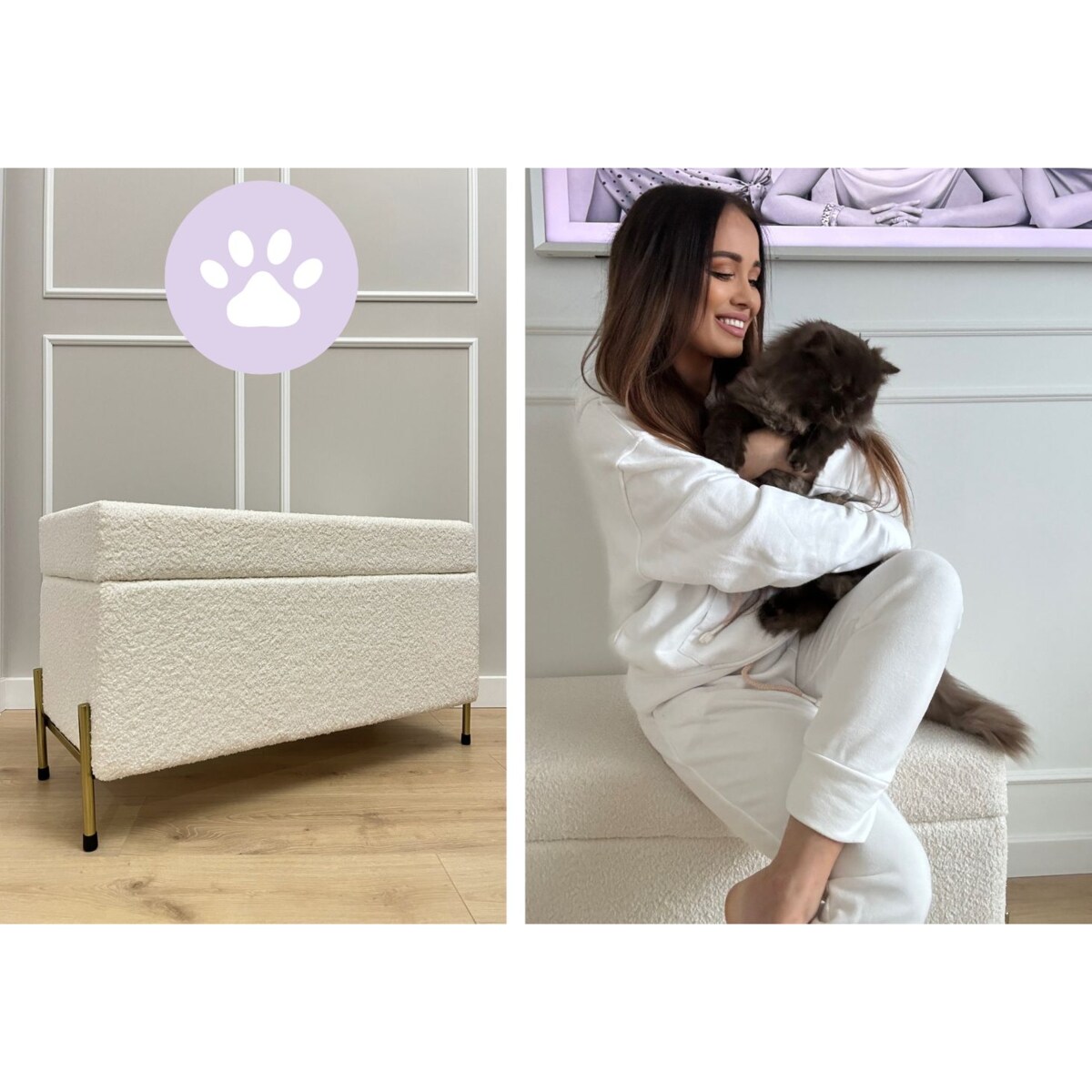 Kremowa tapicerowana ławka Dancan BORGO w tkaninie boucle z pojemnikiem, na złotych metalowych nogach