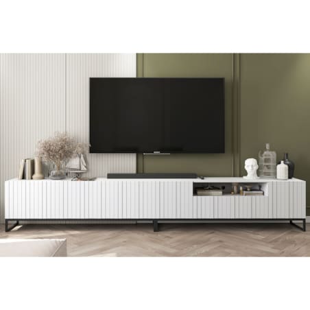 Szafka RTV Glamour Nowoczesna Komoda RTV Ryflowane Fronty Loft Biały Mat 300 cm