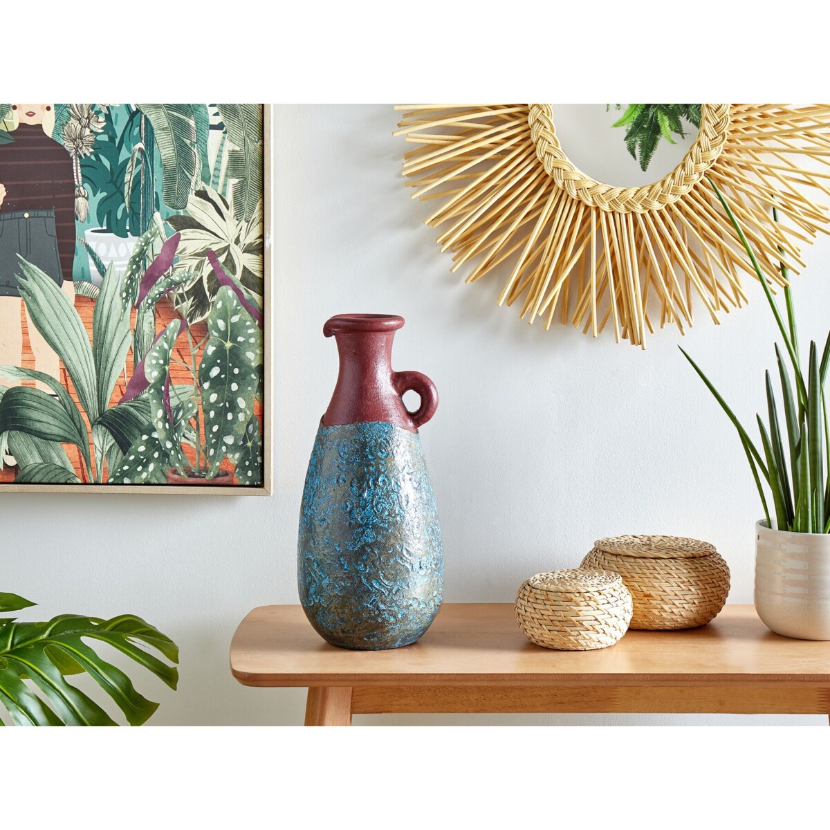 Wazon dekoracyjny z terakoty 40 cm niebiesko-brązowy VELIA