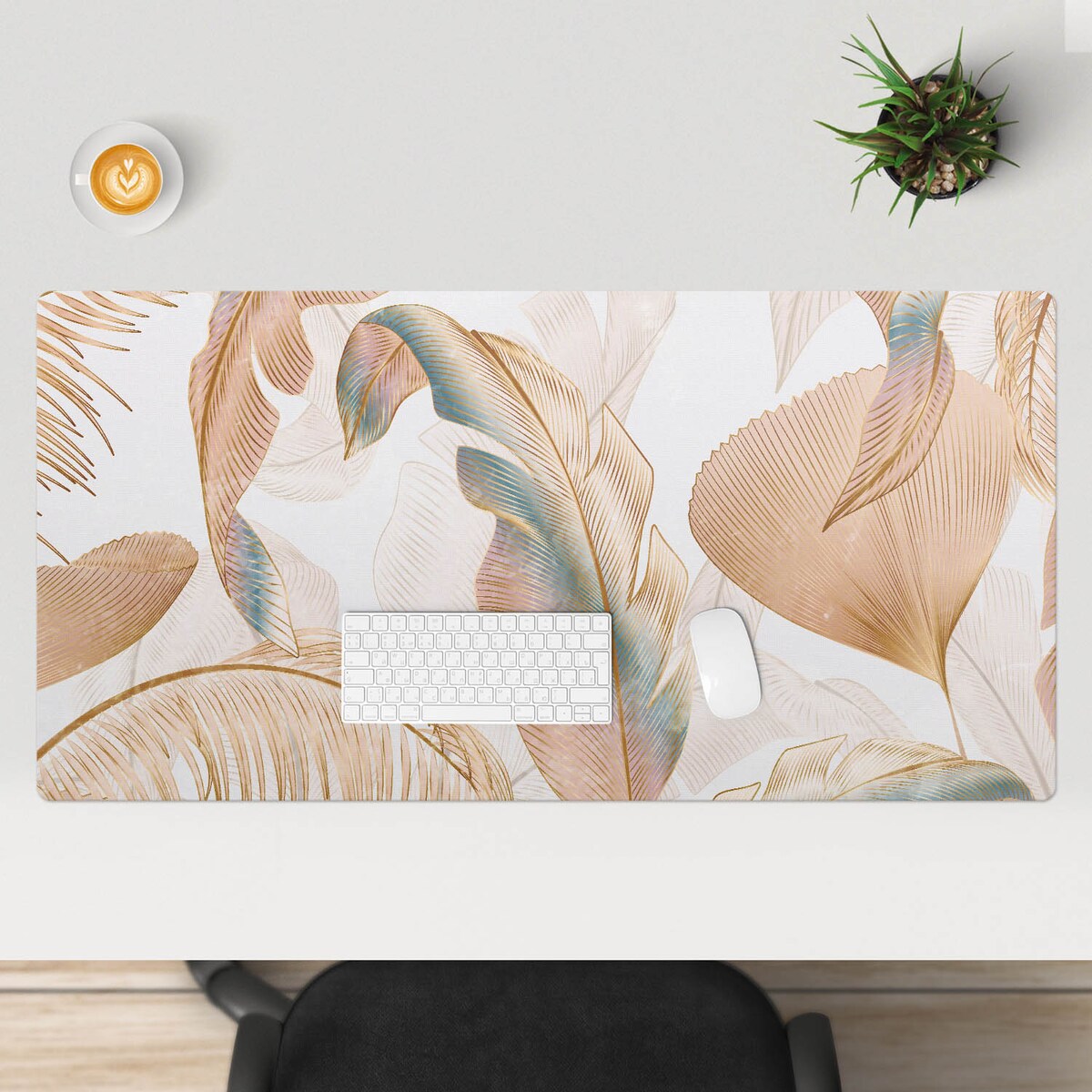 Beżowa mata na biurko Delikatne liście, 120x60 cm