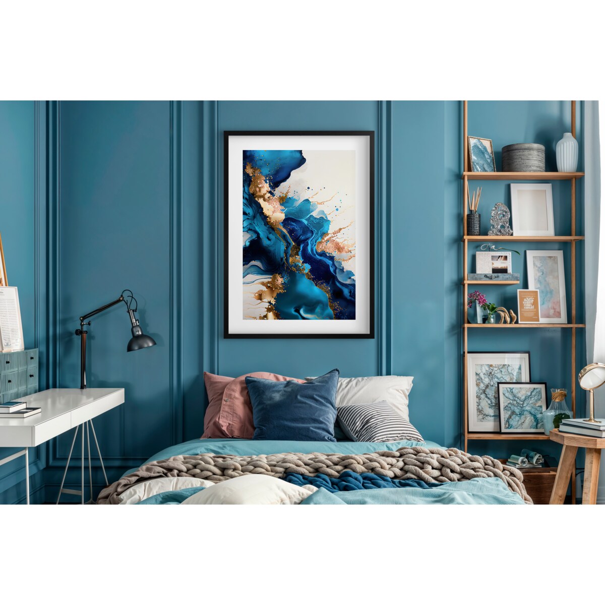 Nowoczesny Plakat Obraz Złoto Niebieska Abstrakcja na ścianę do sypialni