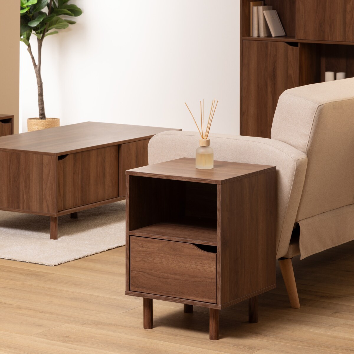 Szafka nocna SLIDY, kolor ciemnego drewna, 40 x 57,5 x 40 cm