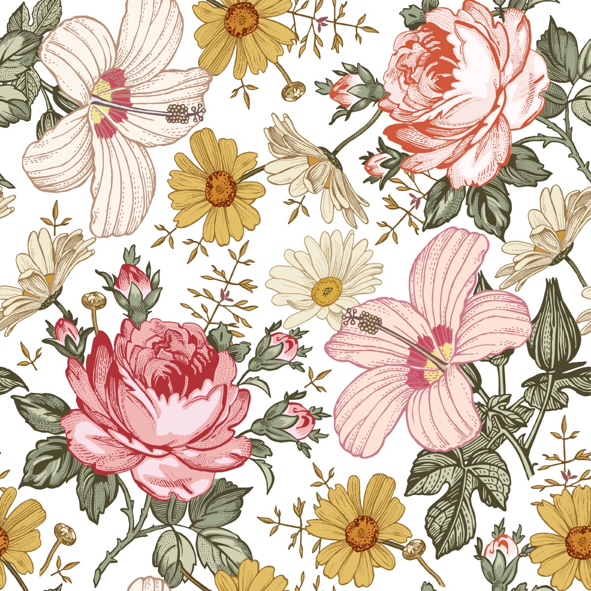 Tapeta KWIATY Róże Hibiskus Rumianek