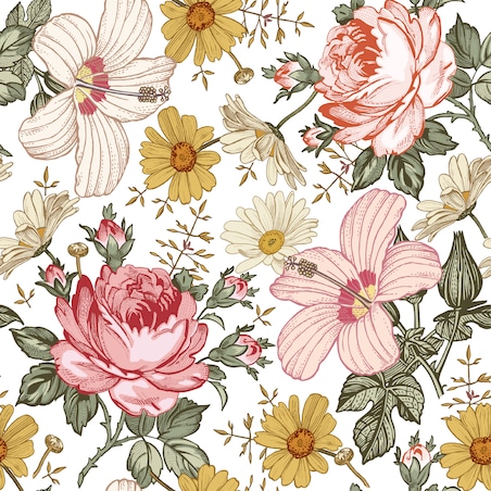 Tapeta KWIATY Róże Hibiskus Rumianek