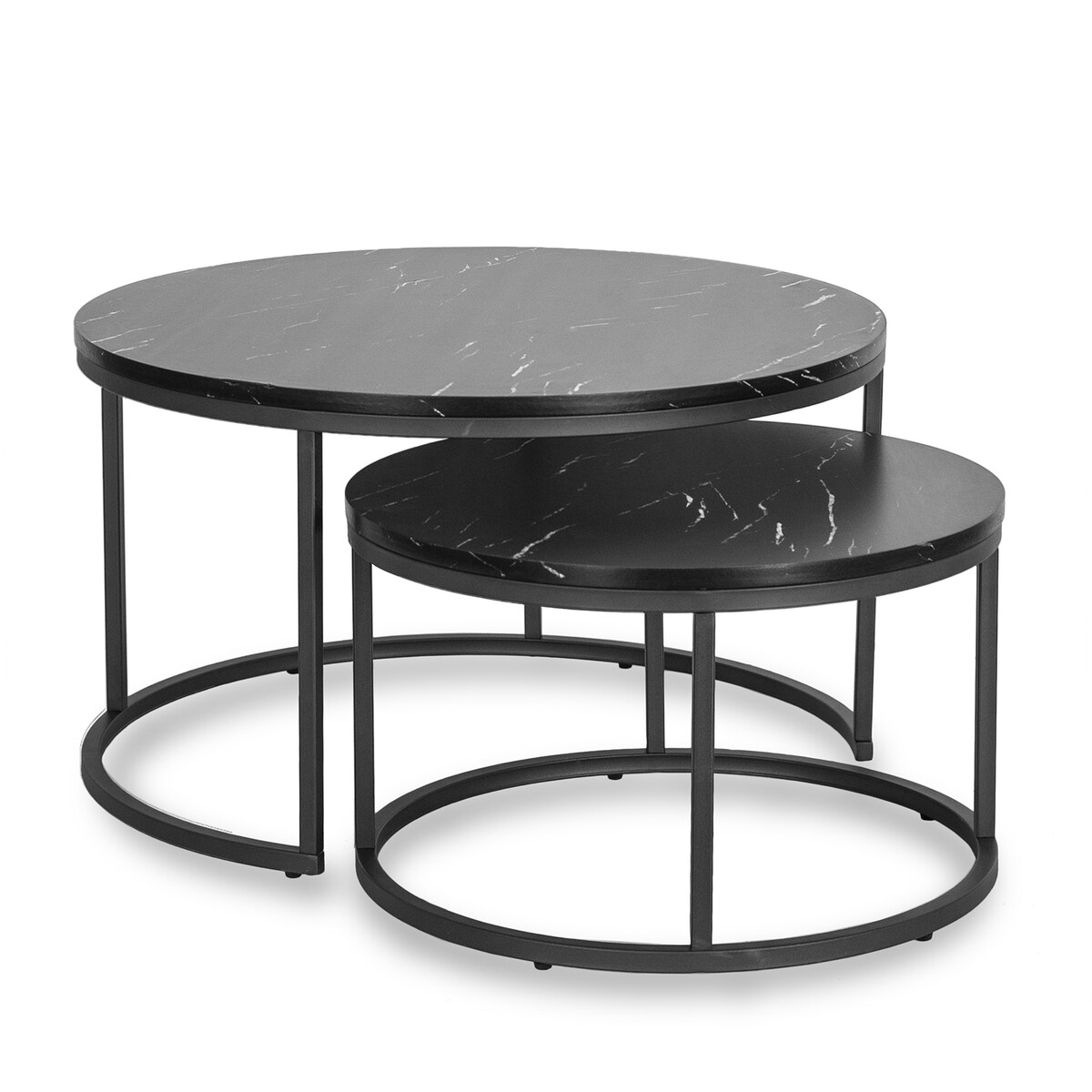 Zestaw Stolik Kawowy Okrągły 2w1 Ława Do Salonu Czarny Marmur MAURO MAX