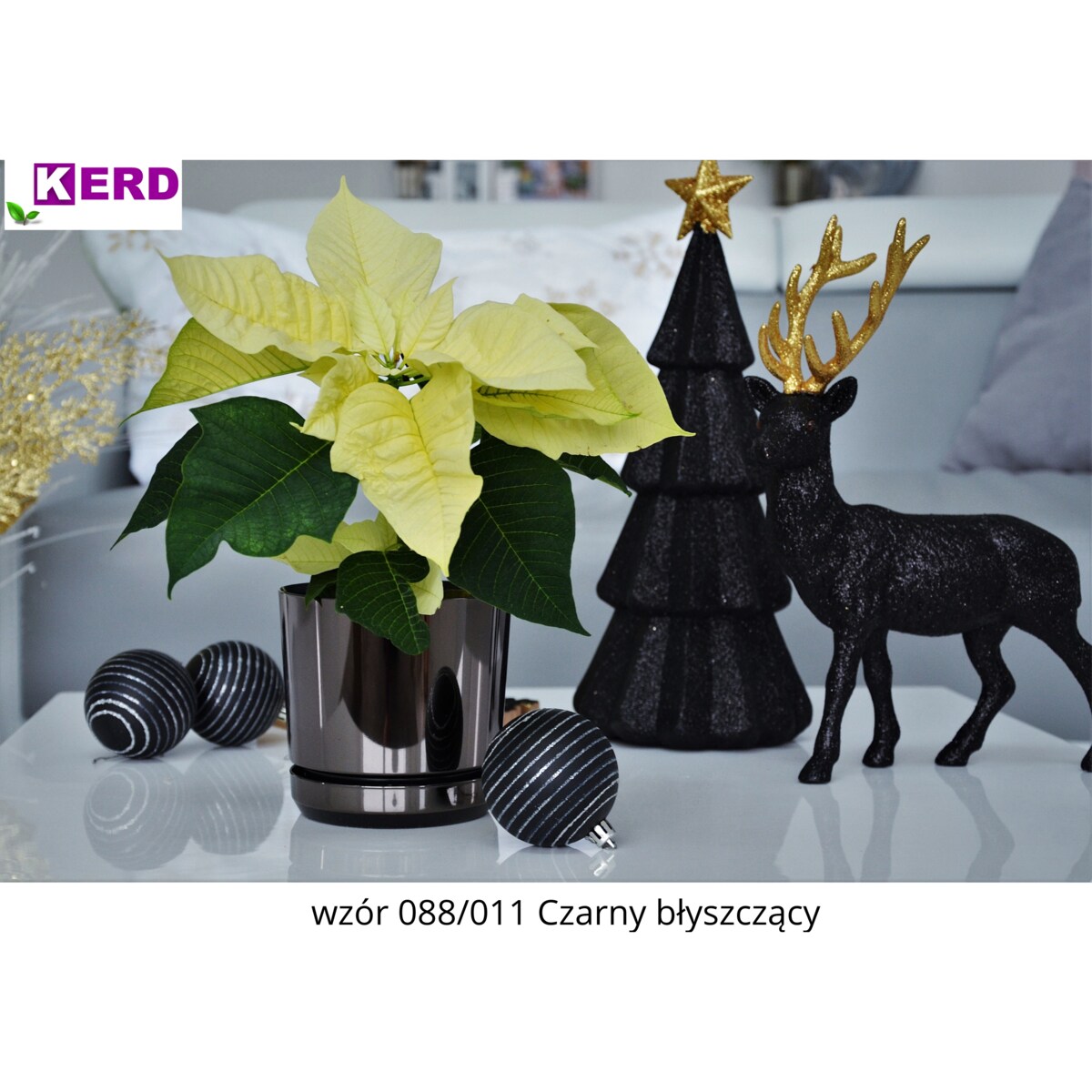 14 cm wzór CZARNY BŁYSZCZĄCY Doniczka z podstawką nowoczesna glamour efekt lustra black wysoki połysk metaliczna elegancka