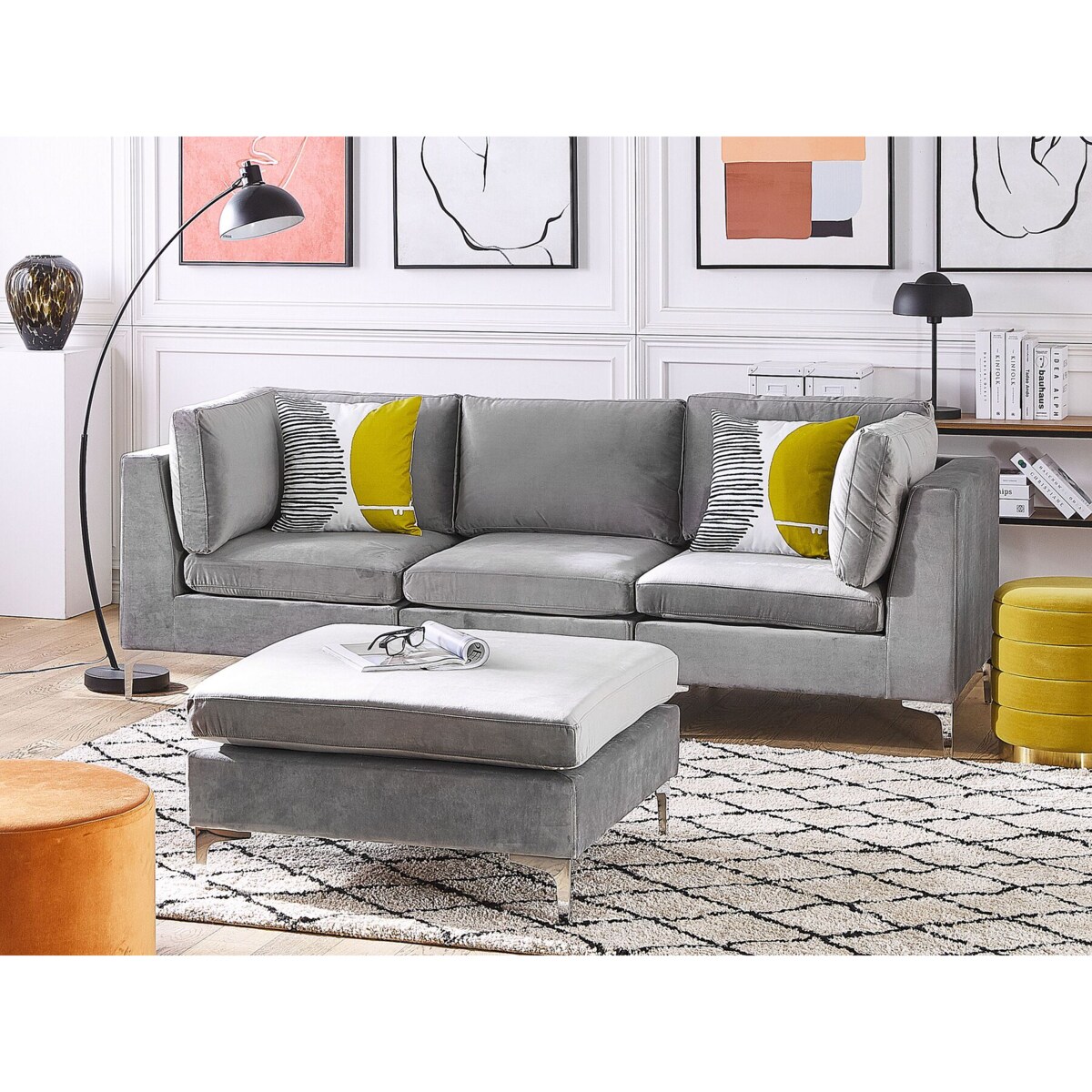 Sofa modułowa 3-osobowa z otomaną welurowa szara EVJA