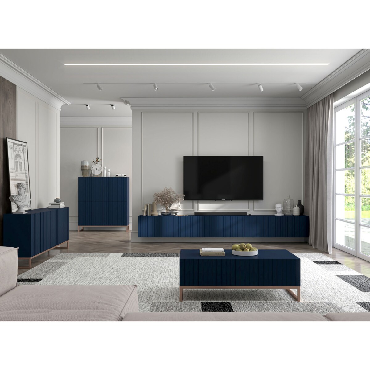 Wisząca Szafka RTV Glamour Nowoczesna Komoda RTV Granatowy MAT 300 cm