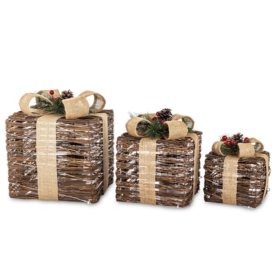 Dekoracja pudełka 3 szt. świecące LED 30x26x26 i 25x21x21 i 18x17x17 cm GEMARA brązowy i czarny