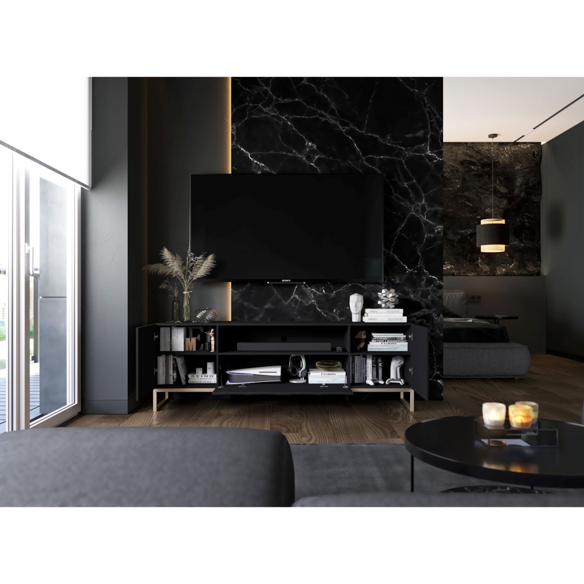 Szafka RTV Glamour Nowoczesna Komoda RTV Glamour Czarny Mat 150 cm