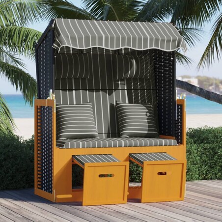 vidaXL Kosz plażowy z poduszkami, rattan PE i drewno, czarno-szary