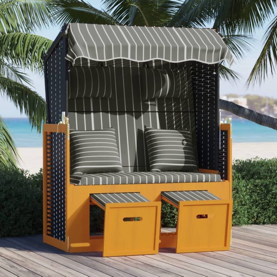 vidaXL Kosz plażowy z poduszkami, rattan PE i drewno, czarno-szary