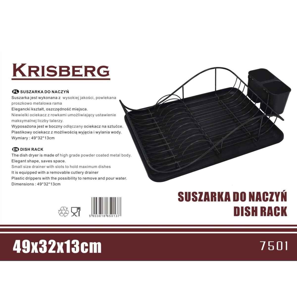 Suszarka do naczyń czarna 49x32x13cm KRISBERG