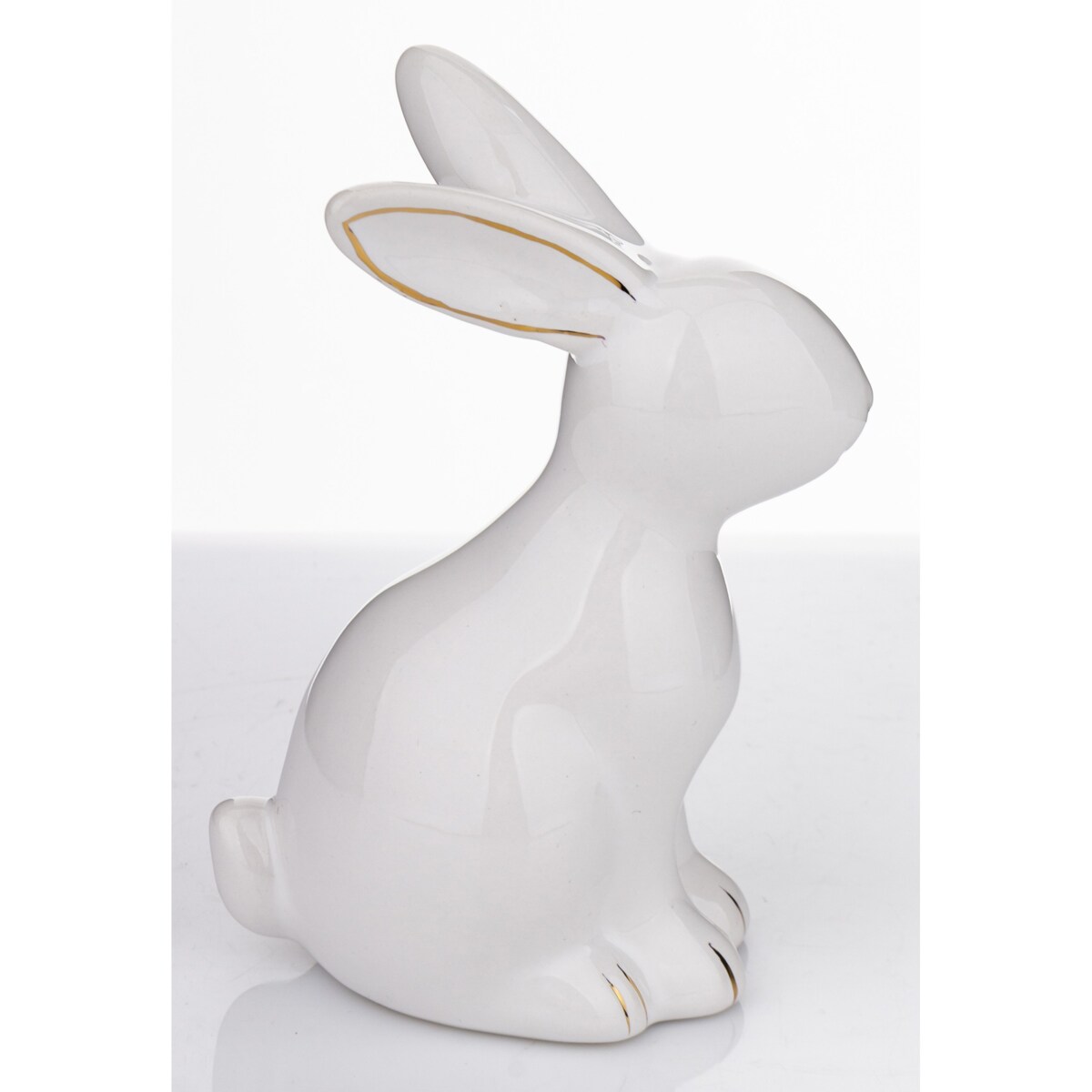 Dekoracja - siedzący biały królik 13x5,5x9 cm z pozłacanymi uszkami