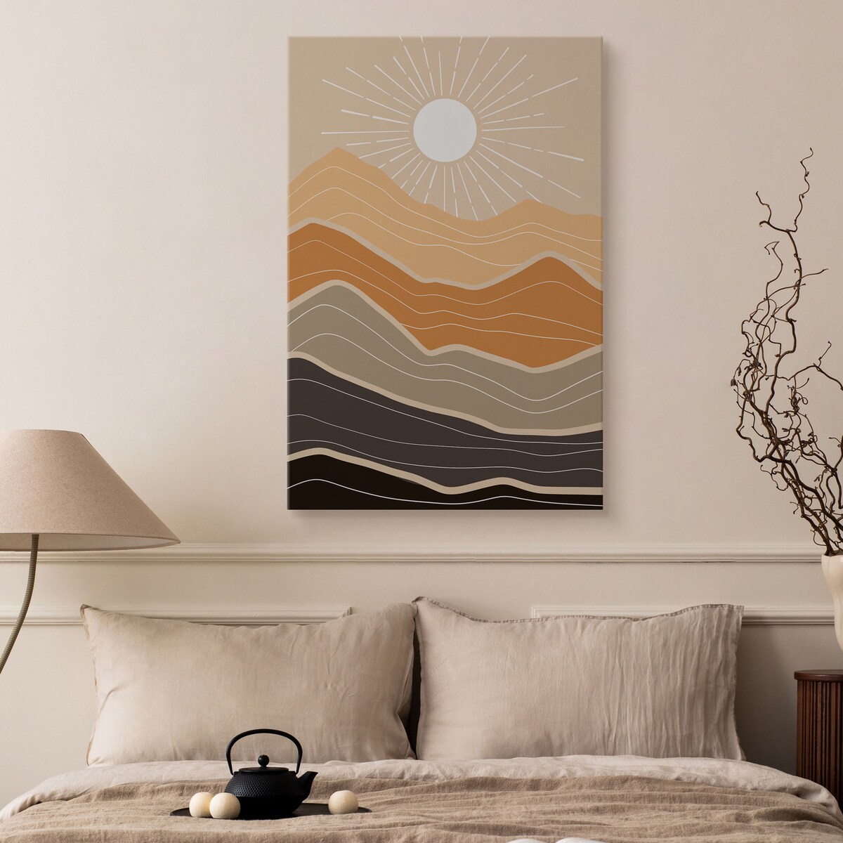 OBRAZ DO SYPIALNI GÓRY PEJZAŻ SŁOŃCE NATURA STYL BOHO ABSTRAKCJA 80x120cm