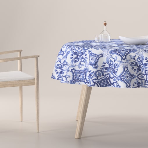 Obrus okrągły 130 x 130 cm niebieskie wzory na białym tle