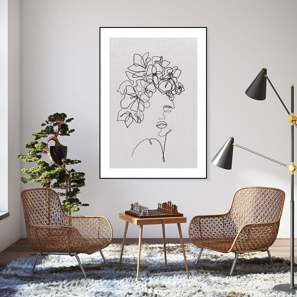 plakat line art dziewczyna z kwiatami len 30x40 cm