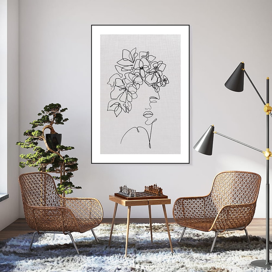 plakat line art dziewczyna z kwiatami len 30x40 cm