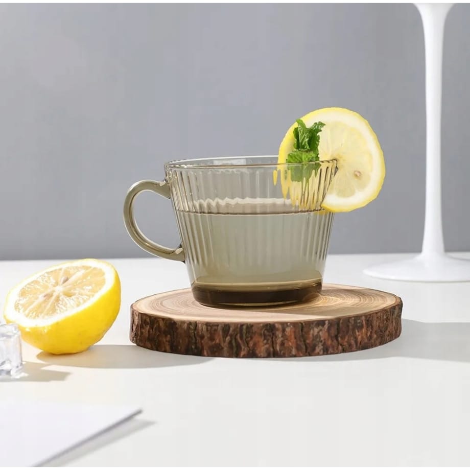 ZESTAW SZKLANEK KUBEK w paski plisy dymny 6x 410 ml na KAWĘ HERBATĘ napoje