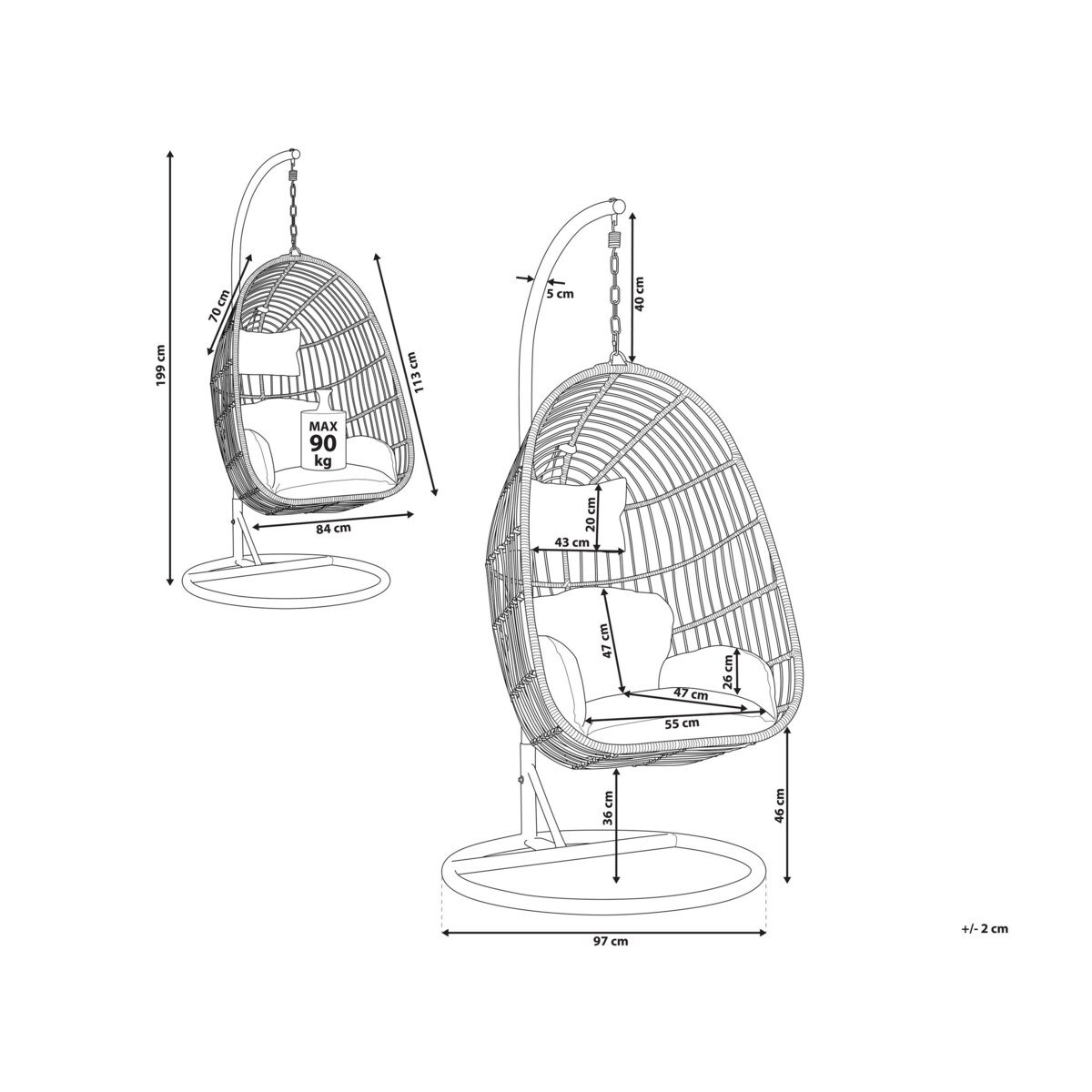 Fotel wiszący ze stojakiem z technorattanu szary CASOLI