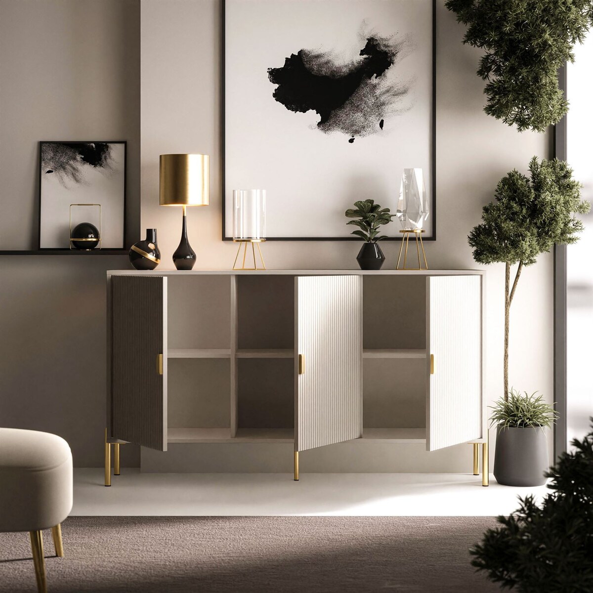 Komoda trzydrzwiowa DALIA 3D, kaszmir, nóżki złote