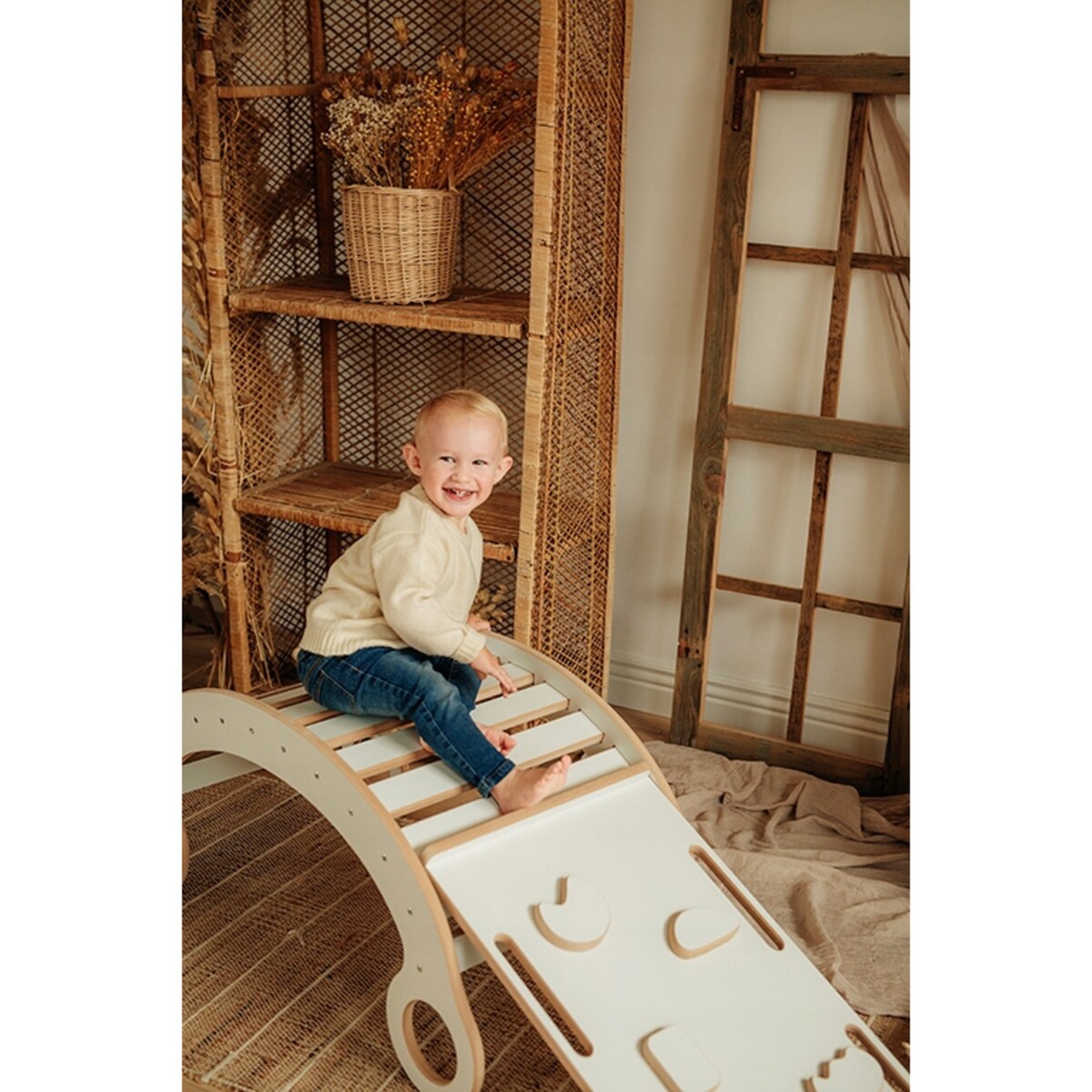 Drewniany Bujak Montessori dla dzieci + Poduszka K +Ścianka +Zjeżdżalnia CE