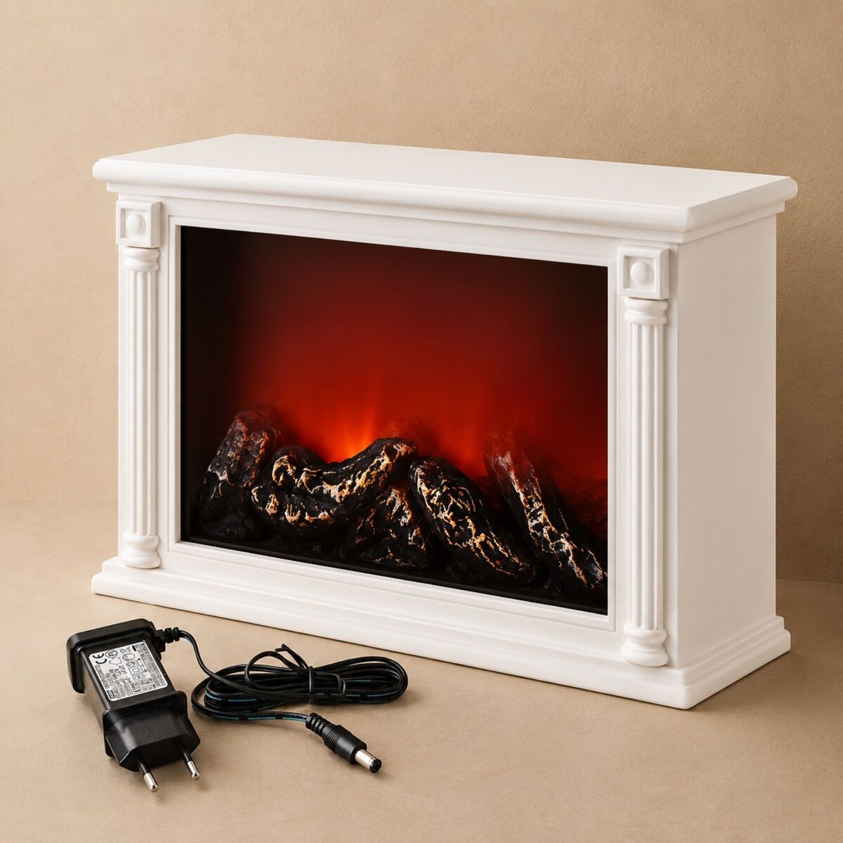 Kominek dekoracyjny LED w stylu klasycznym, 10 x 33 x 21 cm, kolor biały, tworzywo sztuczne
