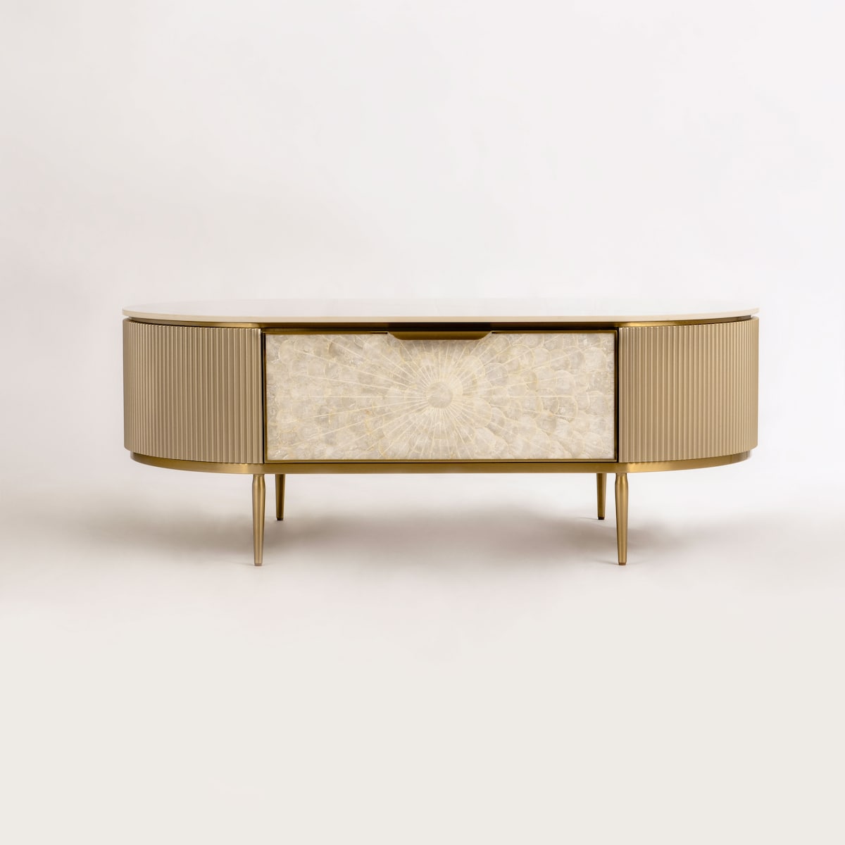 stolik kawowy ryflowany / ława złota / Champion Glamour Premium z muszelkami 120x70x46