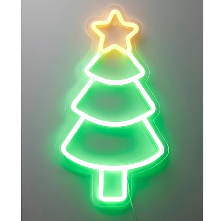 Świąteczny neon na ścianę, LED, 23 x 22 cm, na USB, kolor zielony, tworzywo sztuczne, motyw choinka